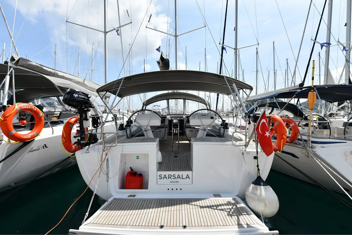 Exterior view of Sarsala, a Hanse 458 sailboat at Fethiye, Turkey