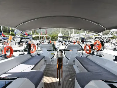 Cockpit of Sarsala, a Hanse 458 sailboat at Fethiye, Turkey