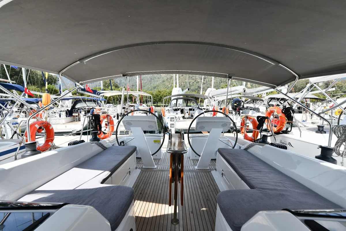 Cockpit of Sarsala, a Hanse 458 sailboat at Fethiye, Turkey