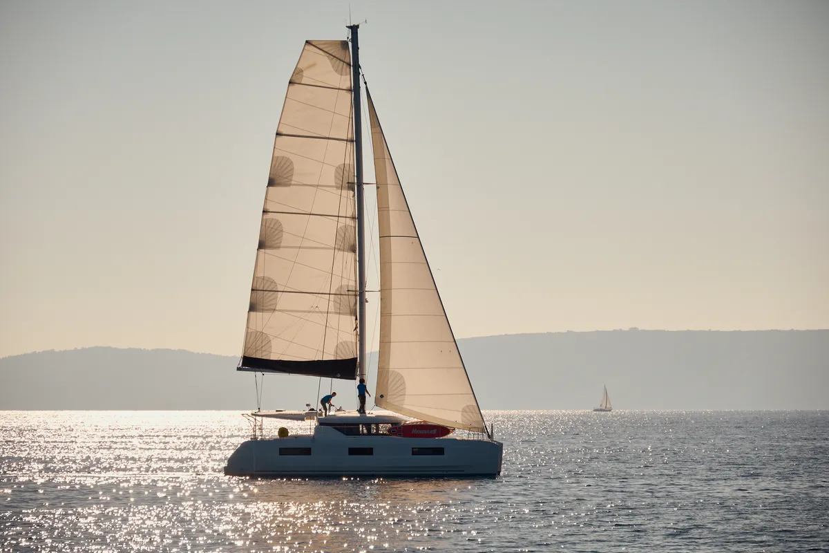 Exterior view of Gemini, a Lagoon 46 catamaran at Trogir, Croatia