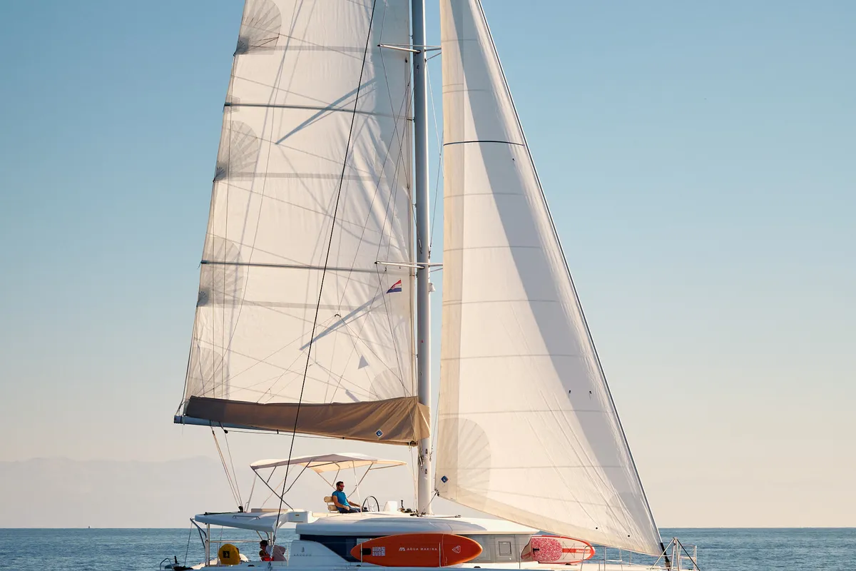 Exterior view of Gemini, a Lagoon 46 catamaran at Trogir, Croatia