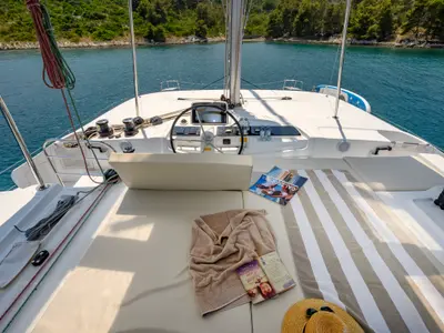 Cockpit of Gemini, a Lagoon 46 catamaran at Trogir, Croatia