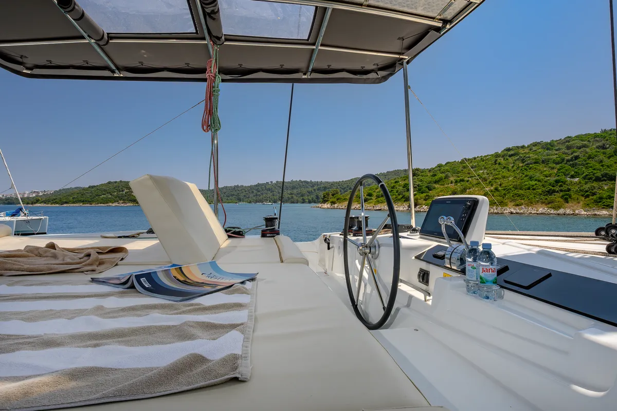 Cockpit of Gemini, a Lagoon 46 catamaran at Trogir, Croatia