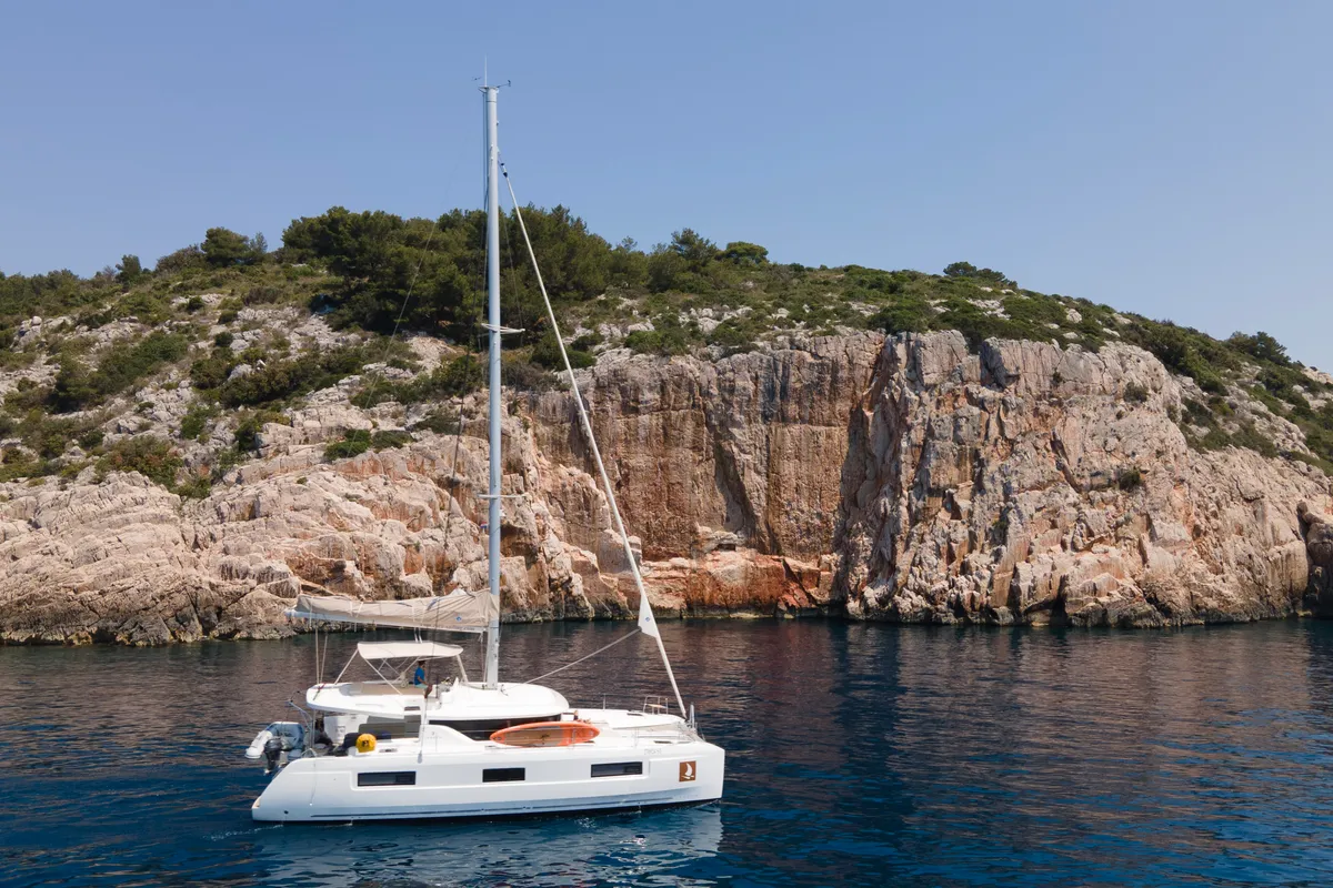 Exterior view of Gemini, a Lagoon 46 catamaran at Trogir, Croatia