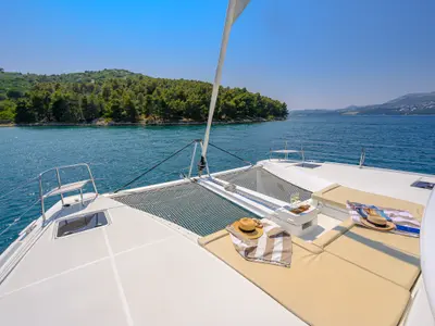 Deck of Gemini, a Lagoon 46 catamaran at Trogir, Croatia