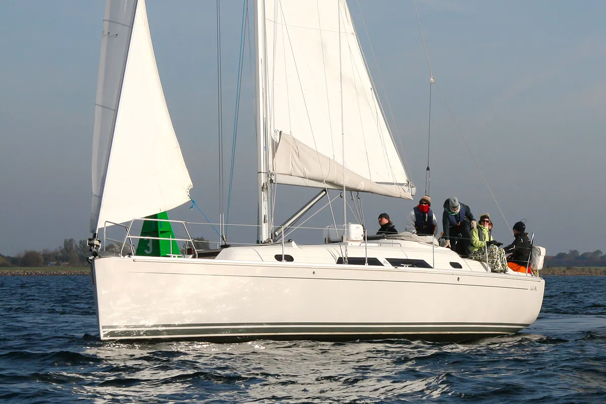 Exterior view of Minie, a Hanse 370 sailboat at Heiligenhafen, Germany