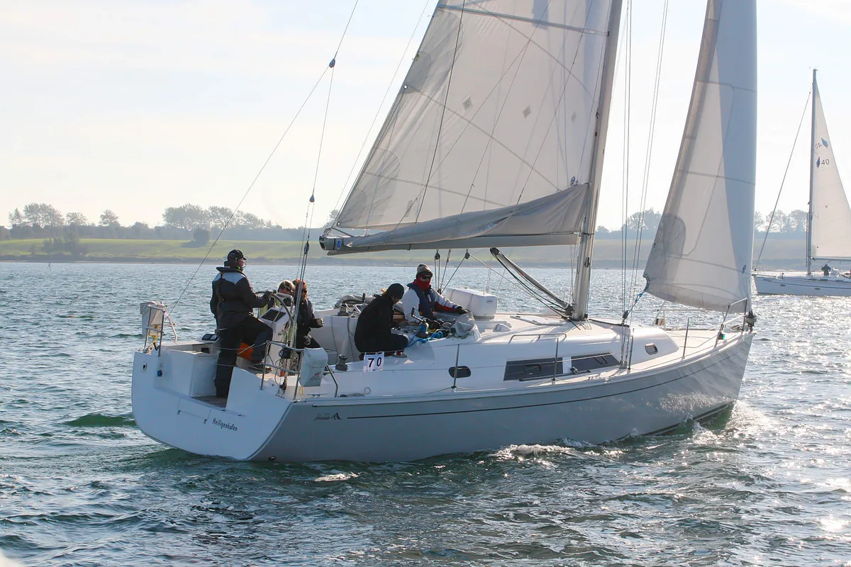 Exterior view of Minie, a Hanse 370 sailboat at Heiligenhafen, Germany