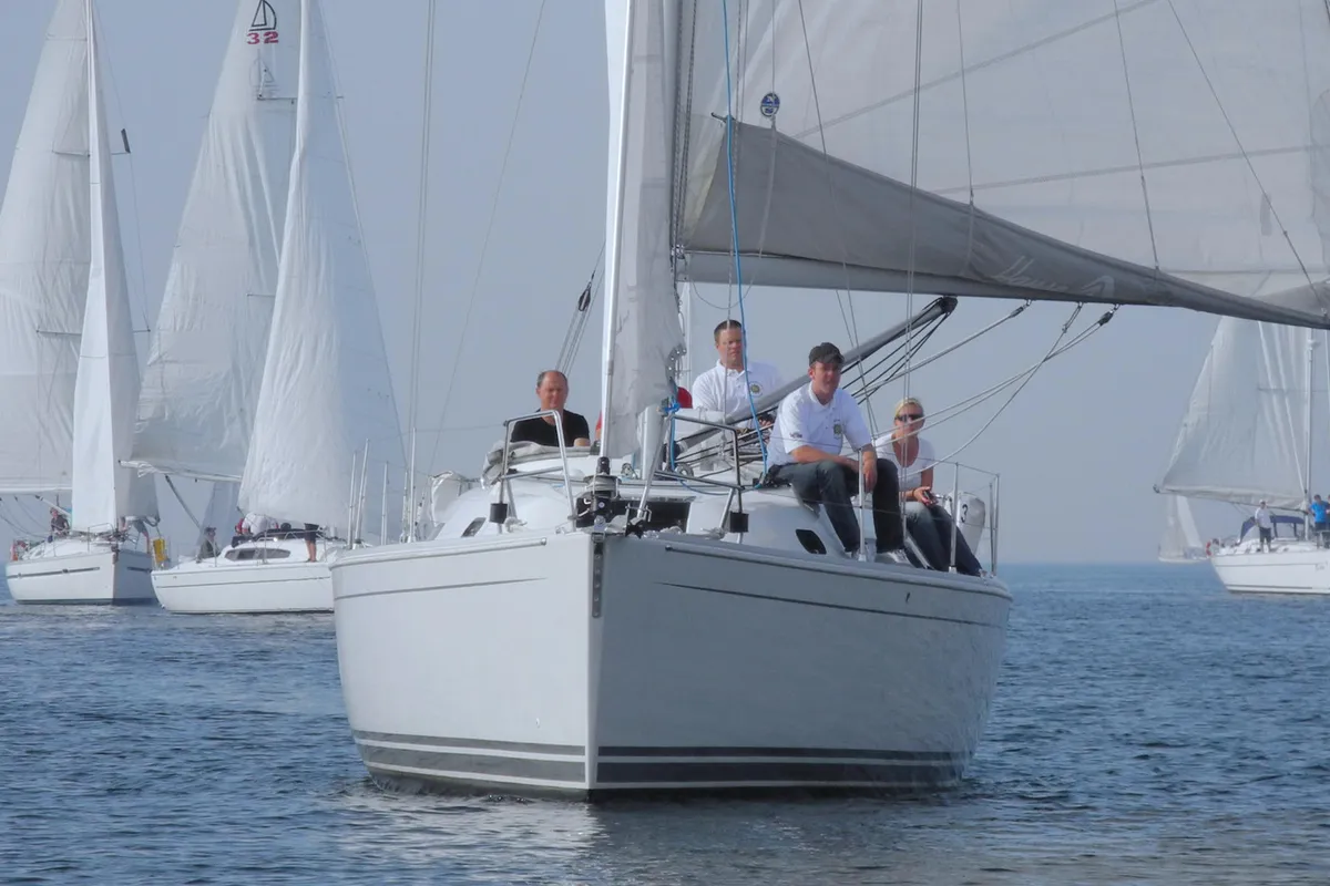 Exterior view of Minie, a Hanse 370 sailboat at Heiligenhafen, Germany
