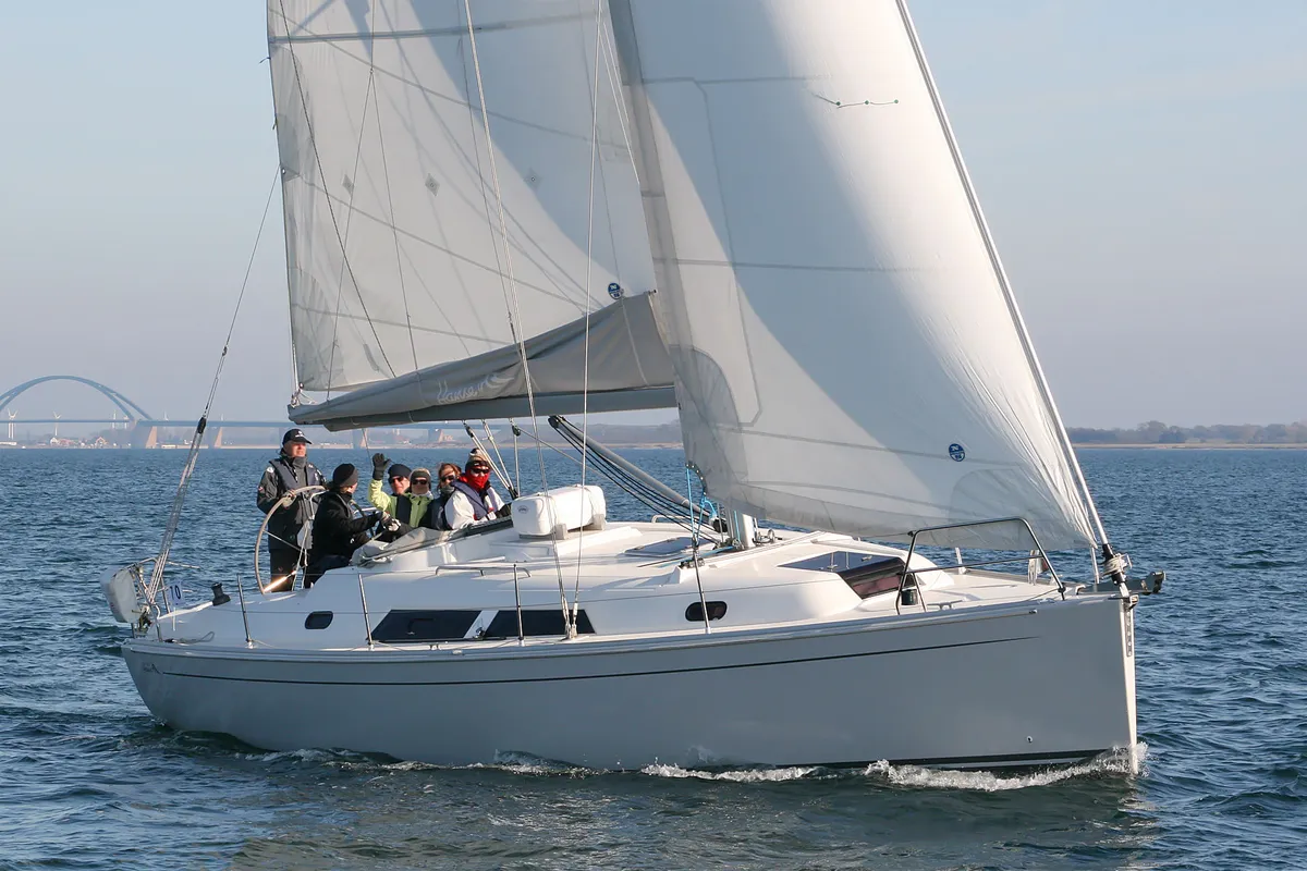 Exterior view of Minie, a Hanse 370 sailboat at Heiligenhafen, Germany