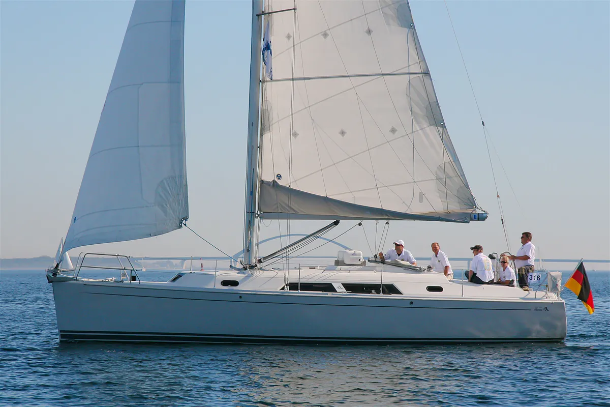 Exterior view of Minie, a Hanse 370 sailboat at Heiligenhafen, Germany