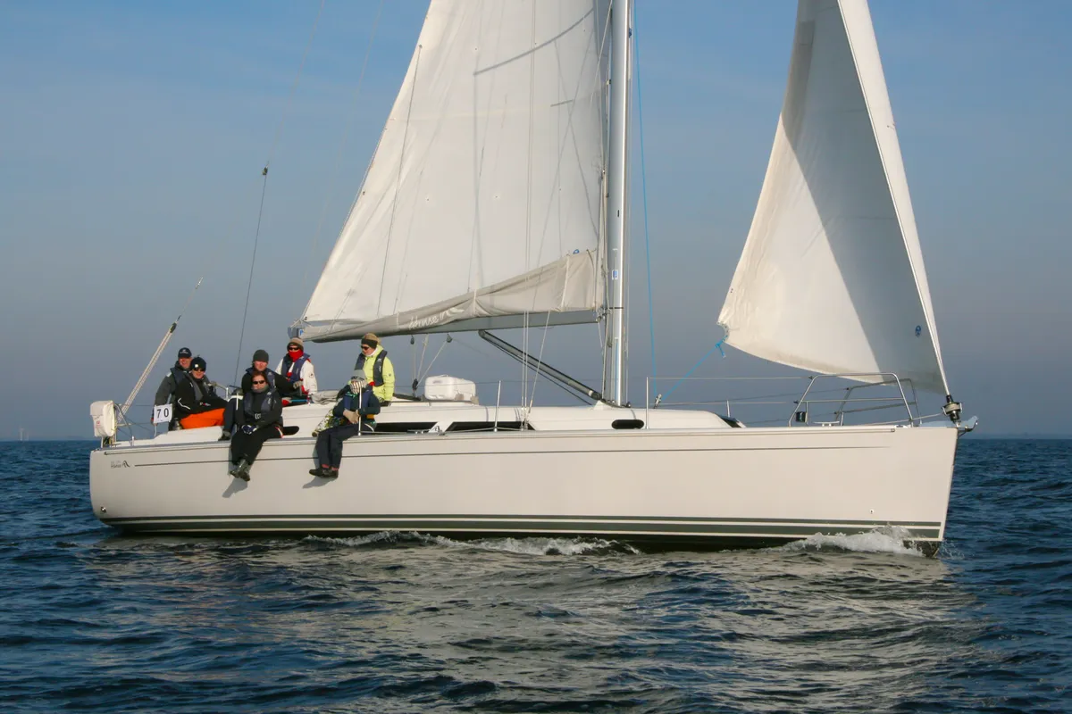 Exterior view of Minie, a Hanse 370 sailboat at Heiligenhafen, Germany
