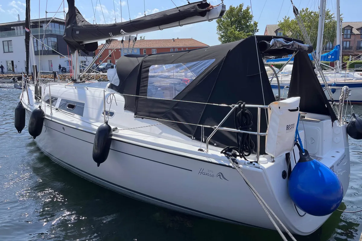 Exterior view of Minie, a Hanse 370 sailboat at Heiligenhafen, Germany