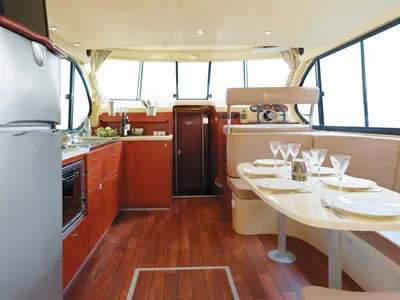 Galley of Opus, a Nicols Estivale Sixto motorboat at Grez-Neuville, France