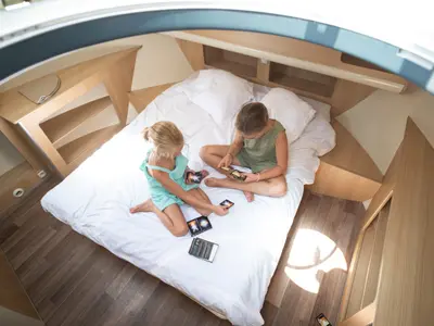 Cabin on Opus, a Nicols Estivale Sixto motorboat at Grez-Neuville, France