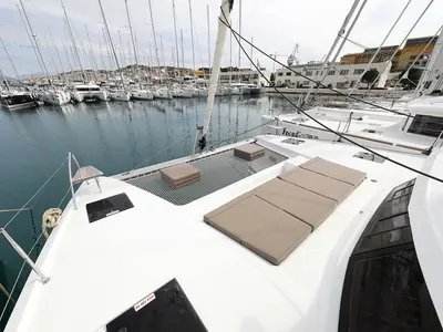Deck of La Mula, a Fountaine Pajot Astrea 42 catamaran at Grad Trogir, Croatia