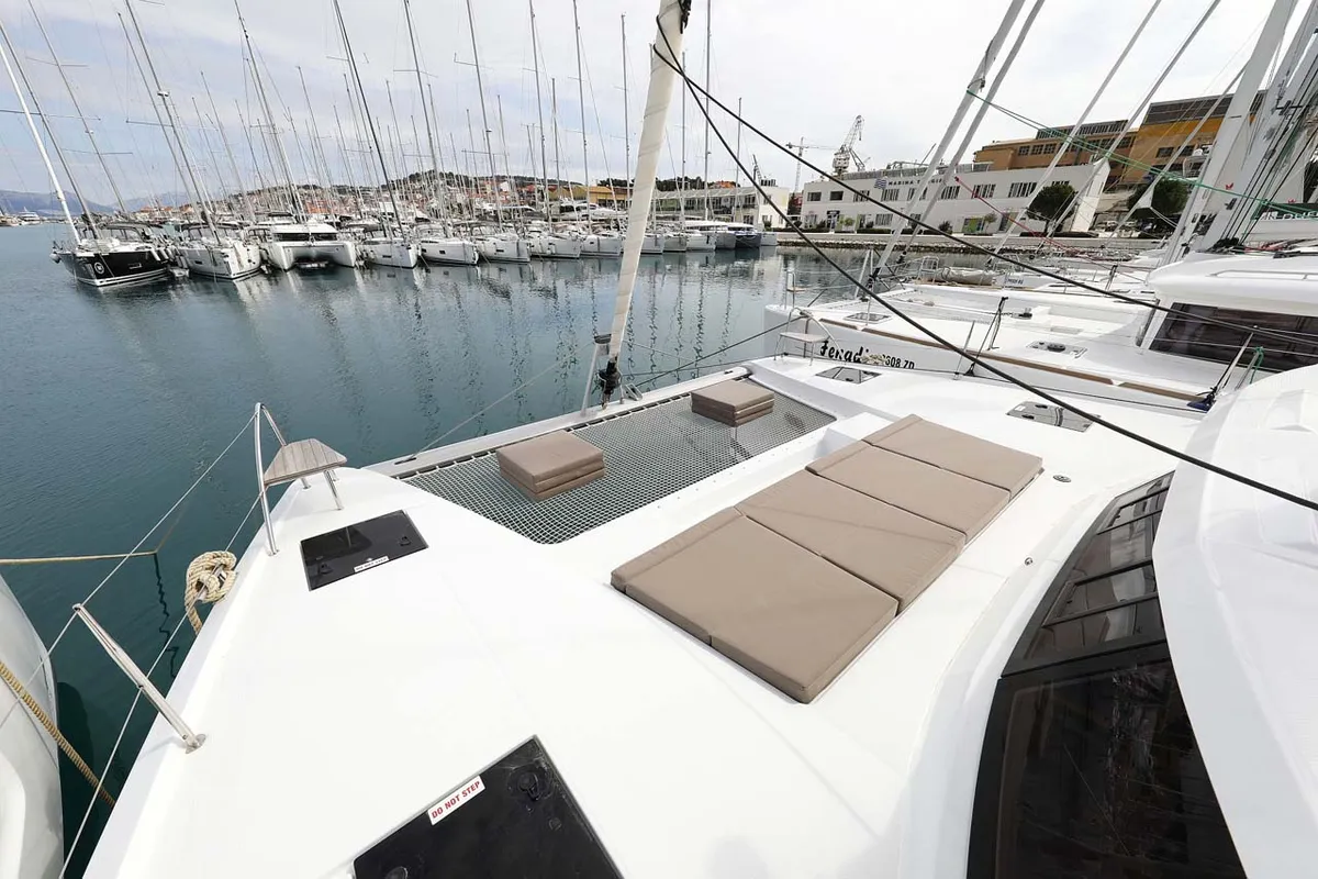 Deck of La Mula, a Fountaine Pajot Astrea 42 catamaran at Grad Trogir, Croatia