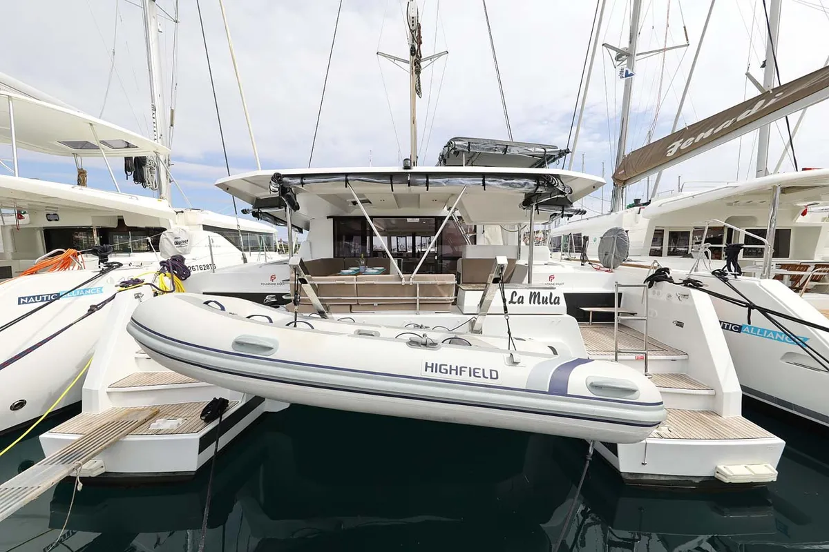 Exterior view of La Mula, a Fountaine Pajot Astrea 42 catamaran at Grad Trogir, Croatia