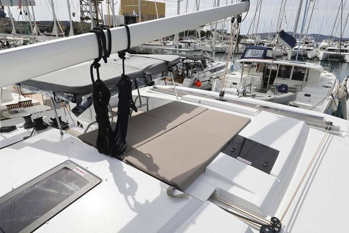 Deck of La Mula, a Fountaine Pajot Astrea 42 catamaran at Grad Trogir, Croatia