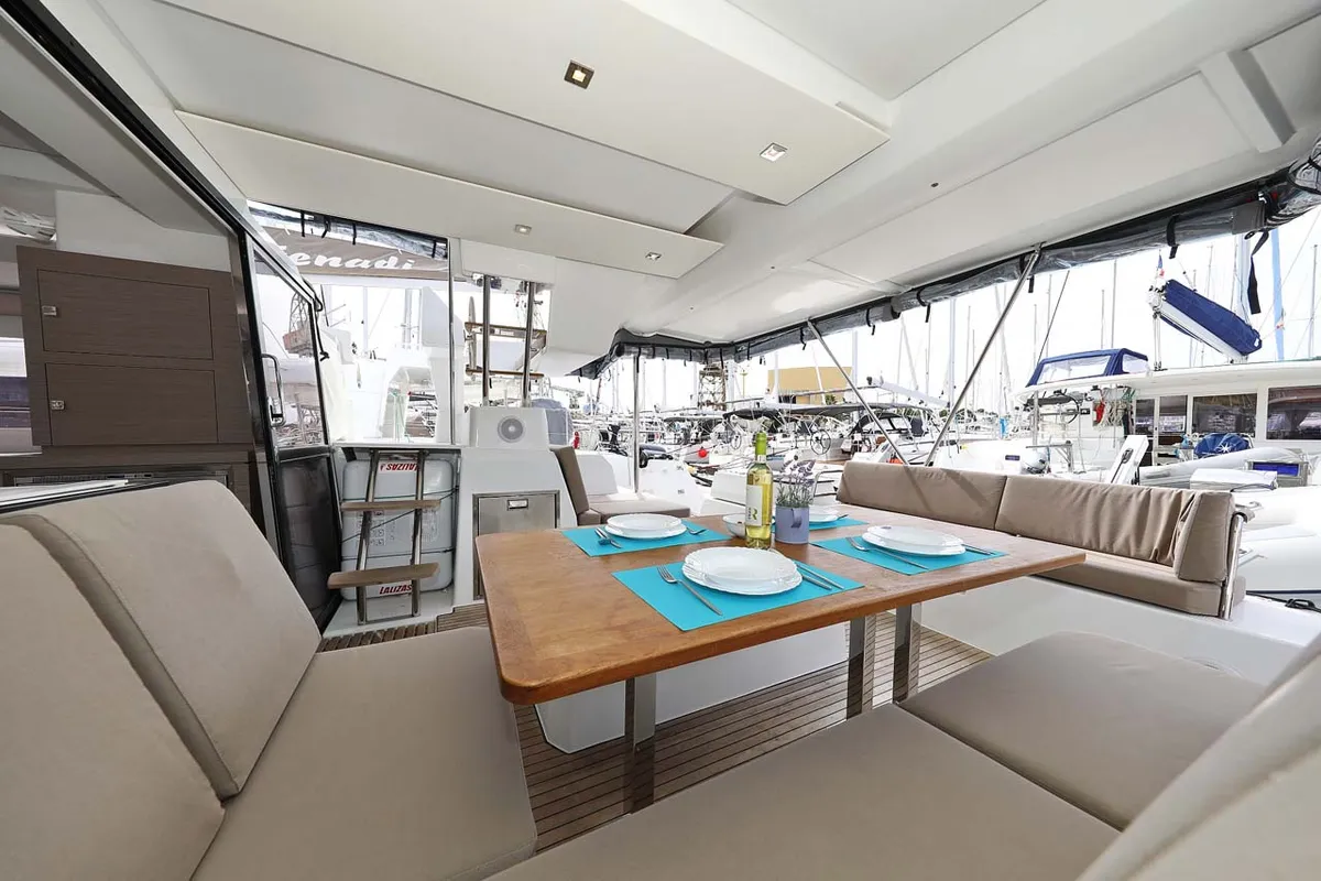 Deck of La Mula, a Fountaine Pajot Astrea 42 catamaran at Grad Trogir, Croatia