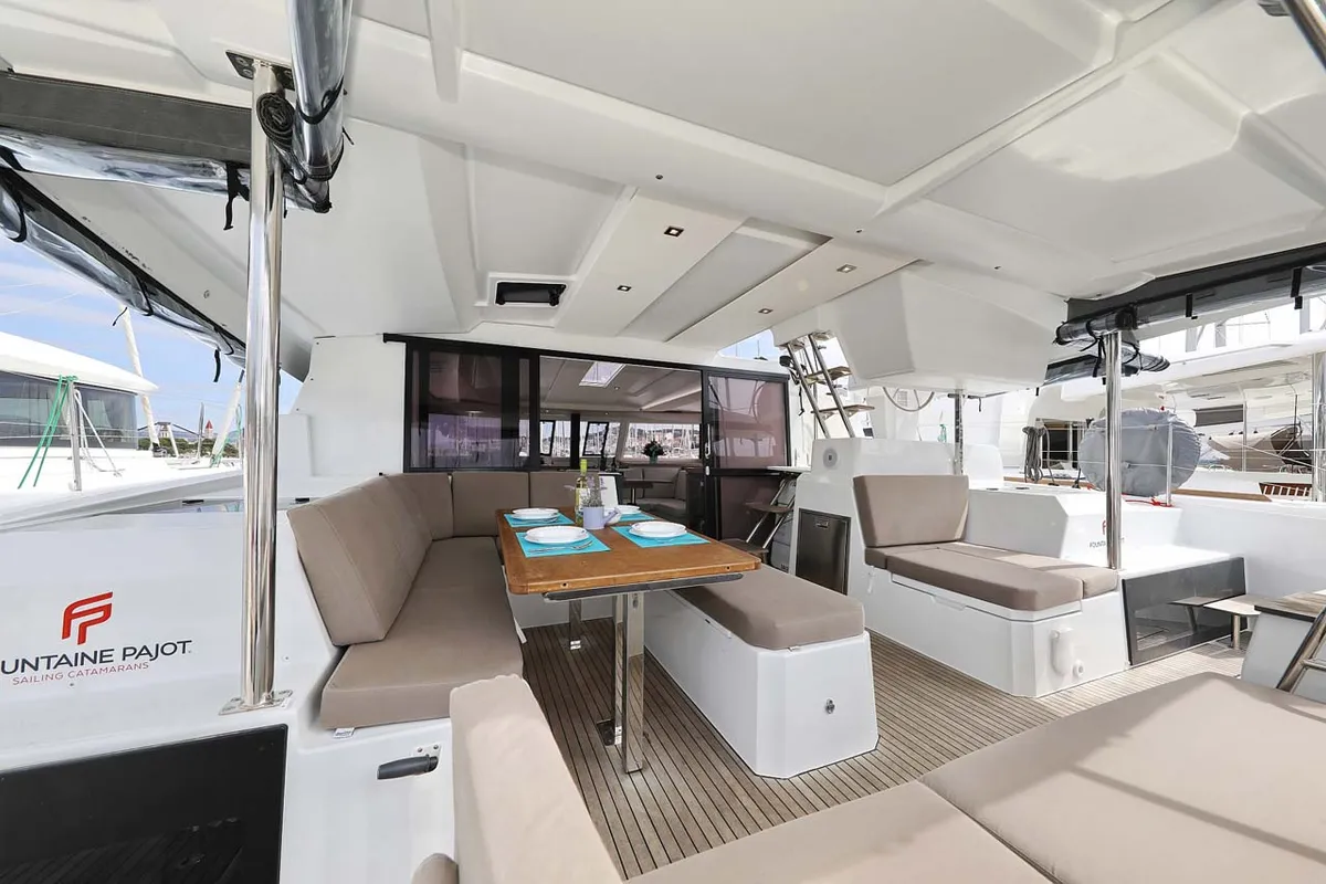 Deck of La Mula, a Fountaine Pajot Astrea 42 catamaran at Grad Trogir, Croatia