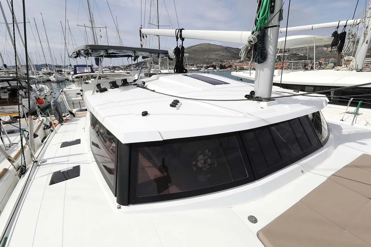 Deck of La Mula, a Fountaine Pajot Astrea 42 catamaran at Grad Trogir, Croatia