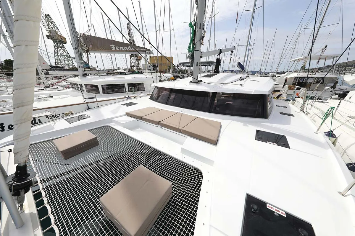 Deck of La Mula, a Fountaine Pajot Astrea 42 catamaran at Grad Trogir, Croatia