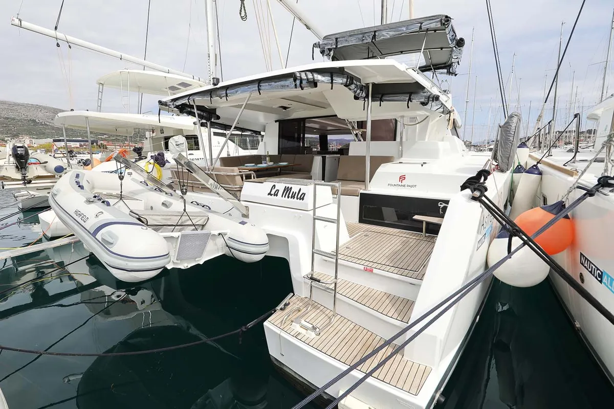 Exterior view of La Mula, a Fountaine Pajot Astrea 42 catamaran at Grad Trogir, Croatia