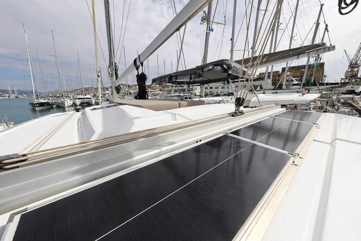 Deck of La Mula, a Fountaine Pajot Astrea 42 catamaran at Grad Trogir, Croatia