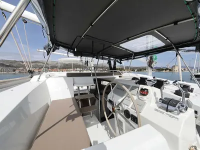 Cockpit of La Mula, a Fountaine Pajot Astrea 42 catamaran at Grad Trogir, Croatia