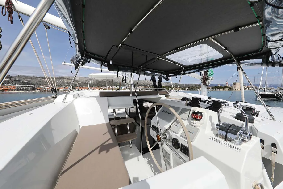 Cockpit of La Mula, a Fountaine Pajot Astrea 42 catamaran at Grad Trogir, Croatia