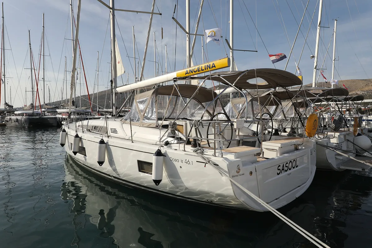 Exterior view of Sasool, a Beneteau Oceanis 46.1 sailboat at Grad Trogir, Croatia