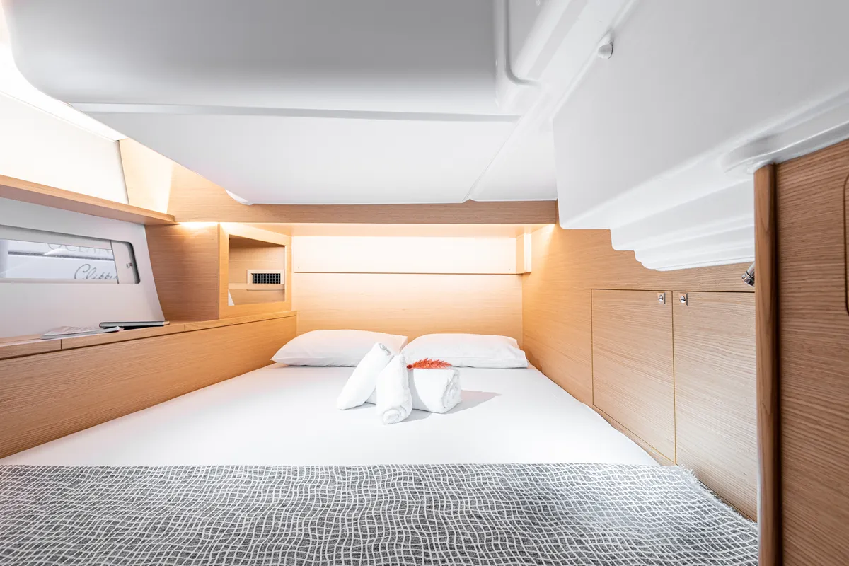 Cabin on PERSEIDE, a Dufour 530 sailboat at Capo d'Orlando, Italy