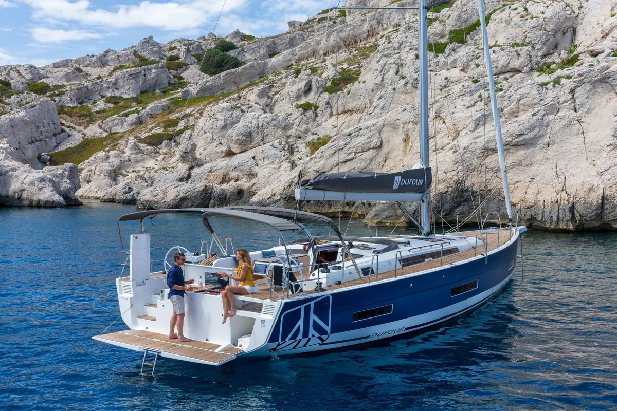 Deck of PERSEIDE, a Dufour 530 sailboat at Capo d'Orlando, Italy