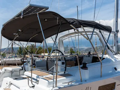 Cockpit of Argyroula, a Beneteau Oceanis 41.1 sailboat at Lefkada, Greece
