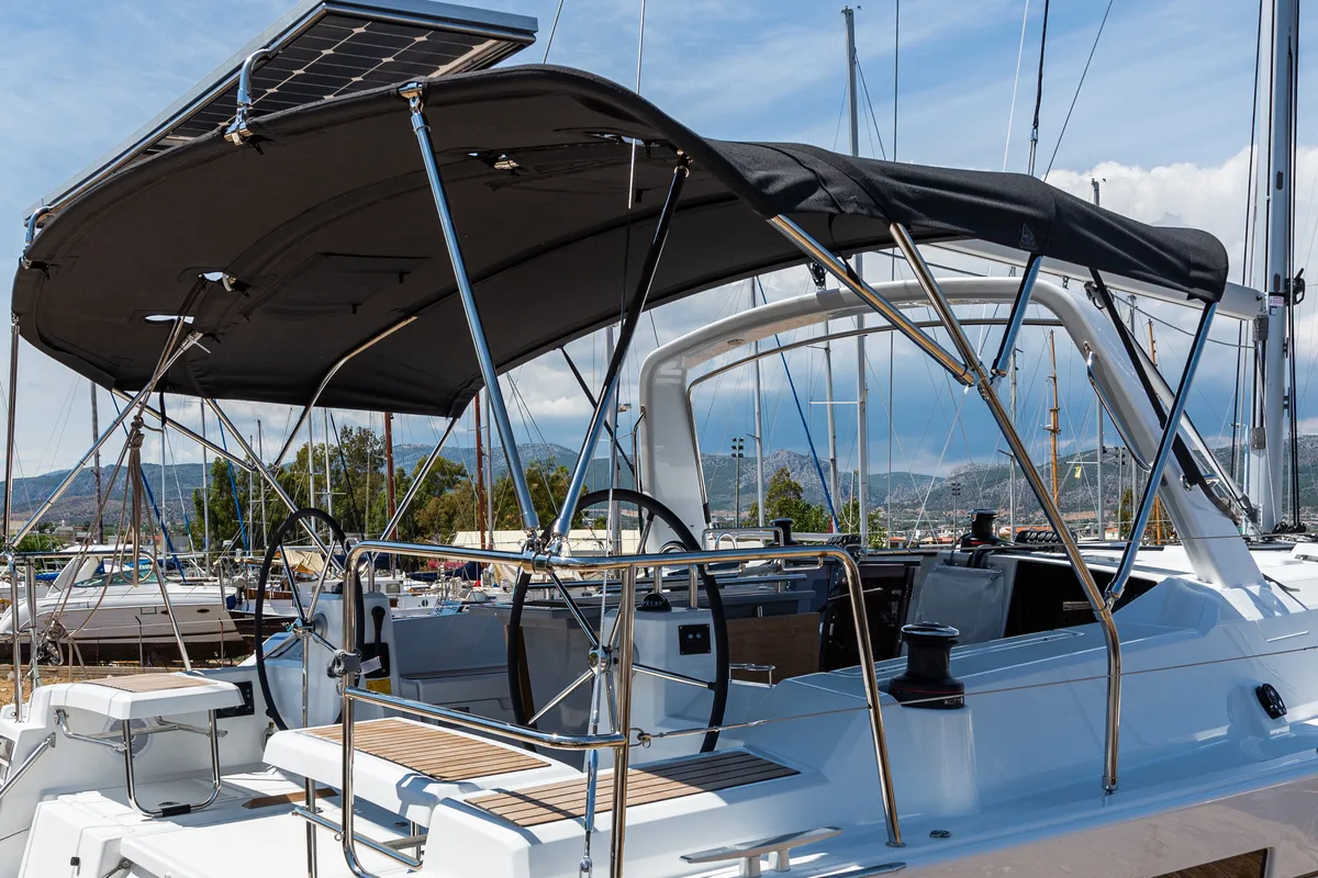 Cockpit of Argyroula, a Beneteau Oceanis 41.1 sailboat at Lefkada, Greece