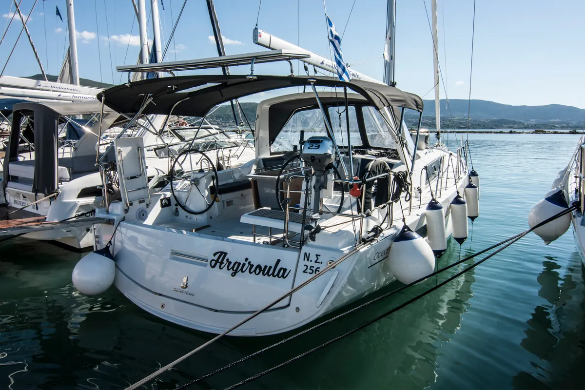 Exterior view of Argyroula, a Beneteau Oceanis 41.1 sailboat at Lefkada, Greece