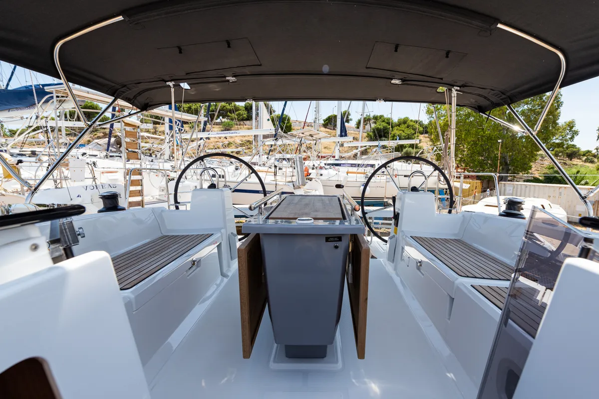 Cockpit of Argyroula, a Beneteau Oceanis 41.1 sailboat at Lefkada, Greece