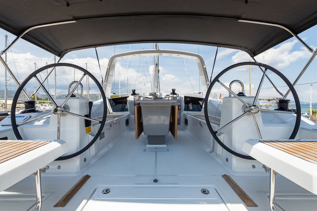 Cockpit of Argyroula, a Beneteau Oceanis 41.1 sailboat at Lefkada, Greece