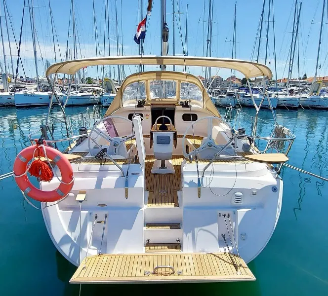 Exterior view of Aquatica, a Elan Impression 444 sailboat at Athens, Yacht Club Amfitheas, Greece