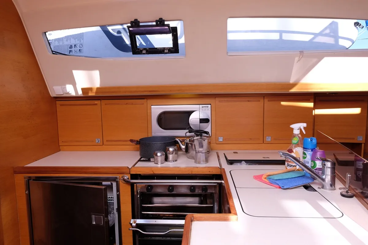 Galley of Aquatica, a Elan Impression 444 sailboat at Athens, Yacht Club Amfitheas, Greece