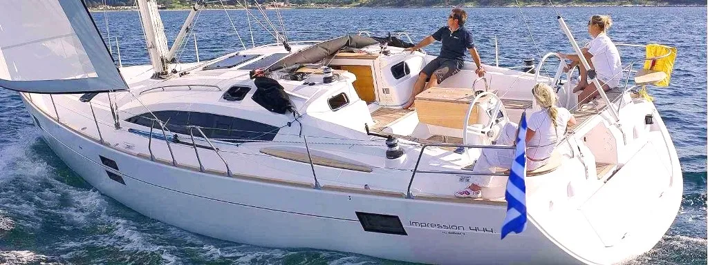 Exterior view of Aquatica, a Elan Impression 444 sailboat at Athens, Yacht Club Amfitheas, Greece