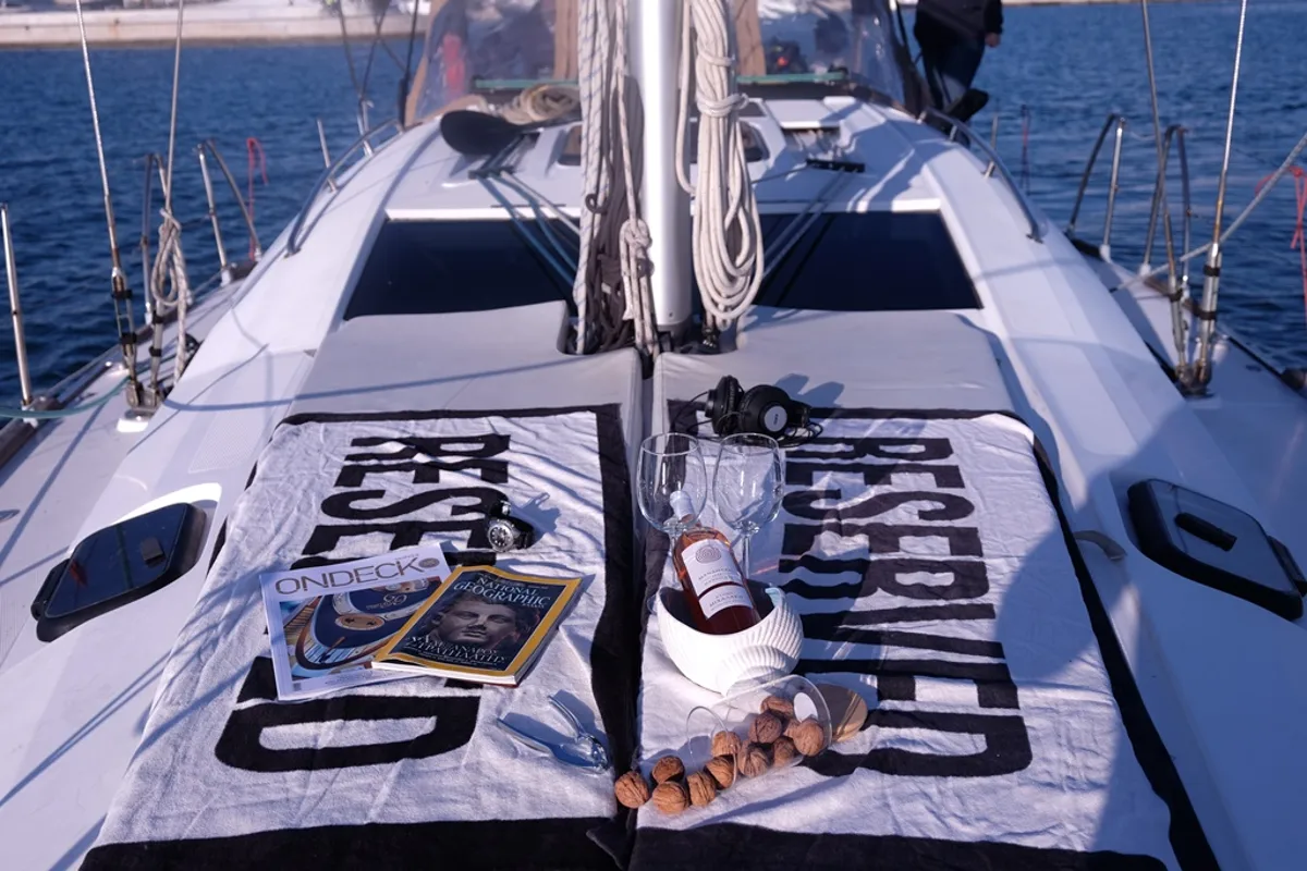 Deck of Aquatica, a Elan Impression 444 sailboat at Athens, Yacht Club Amfitheas, Greece