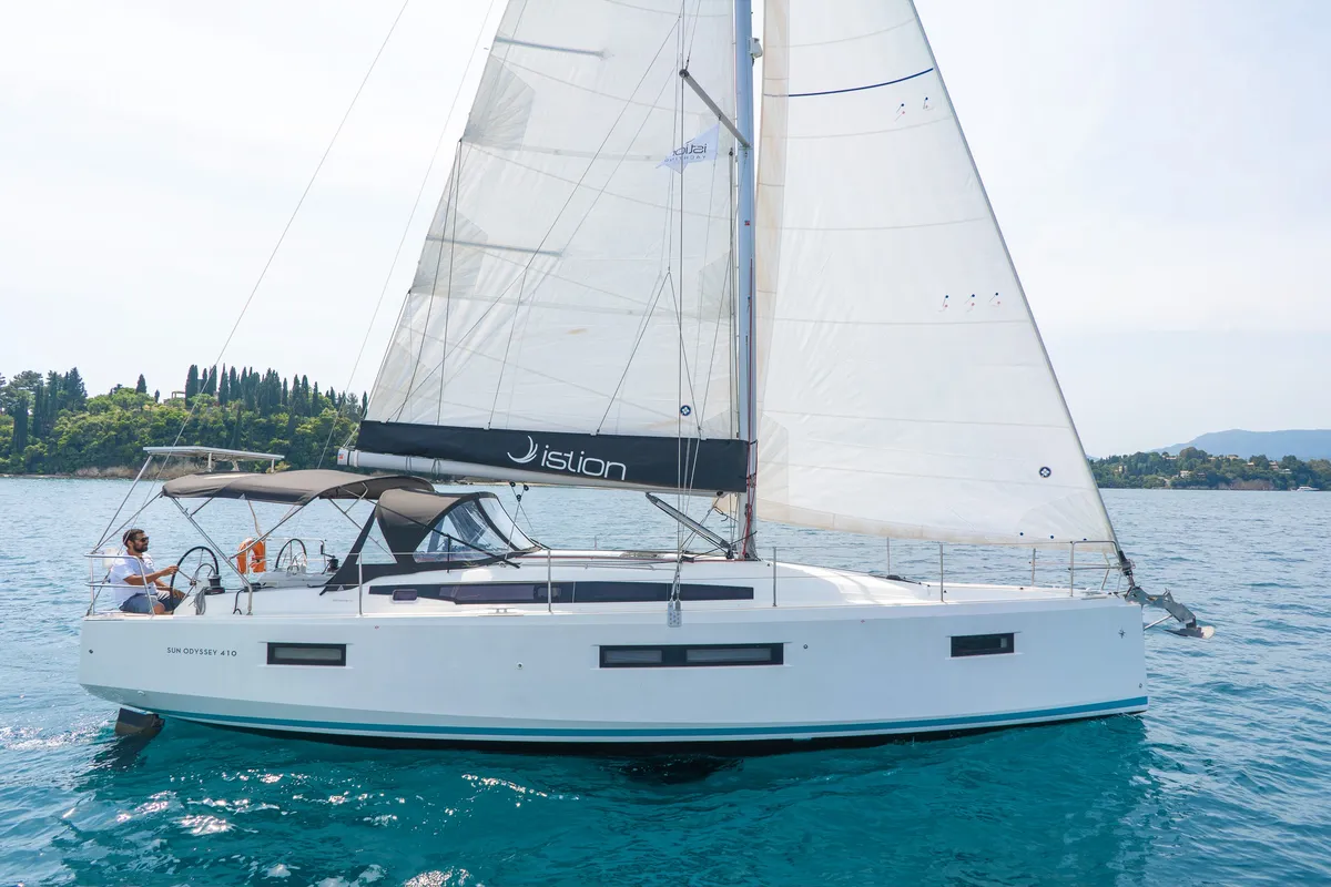 Exterior view of Zheng Yi Sao, a Jeanneau Sun Odyssey 410 sailboat at Athens, Greece