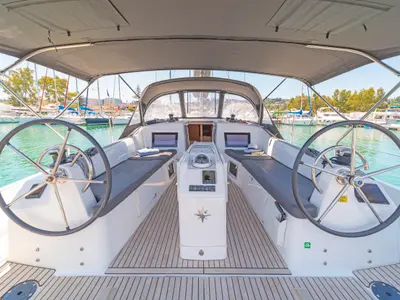 Cockpit of Zheng Yi Sao, a Jeanneau Sun Odyssey 410 sailboat at Athens, Greece