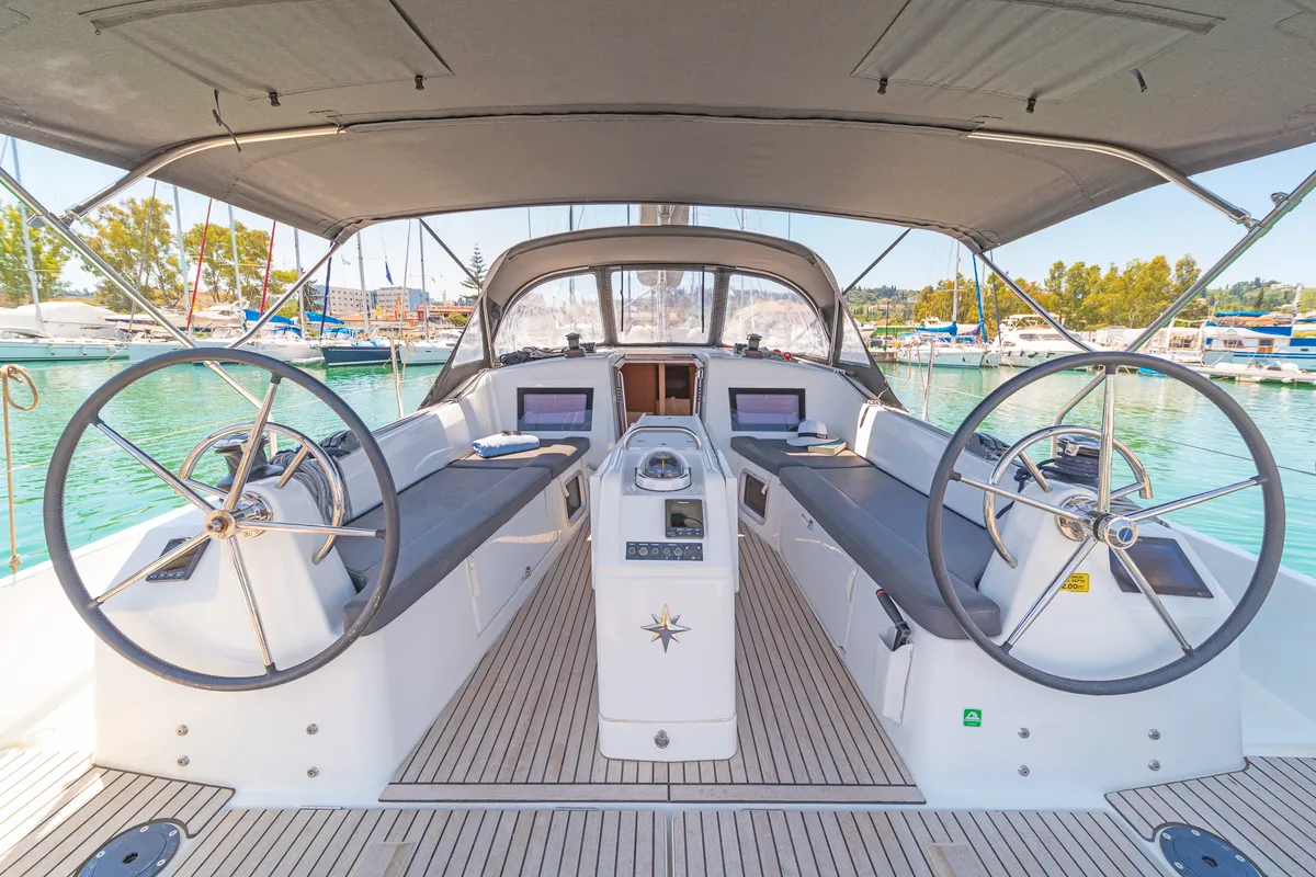 Cockpit of Zheng Yi Sao, a Jeanneau Sun Odyssey 410 sailboat at Athens, Greece