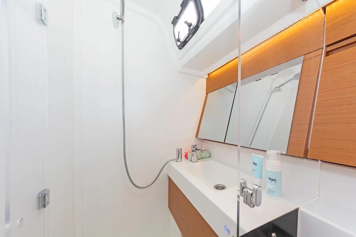 Head on Zheng Yi Sao, a Jeanneau Sun Odyssey 410 sailboat at Athens, Greece