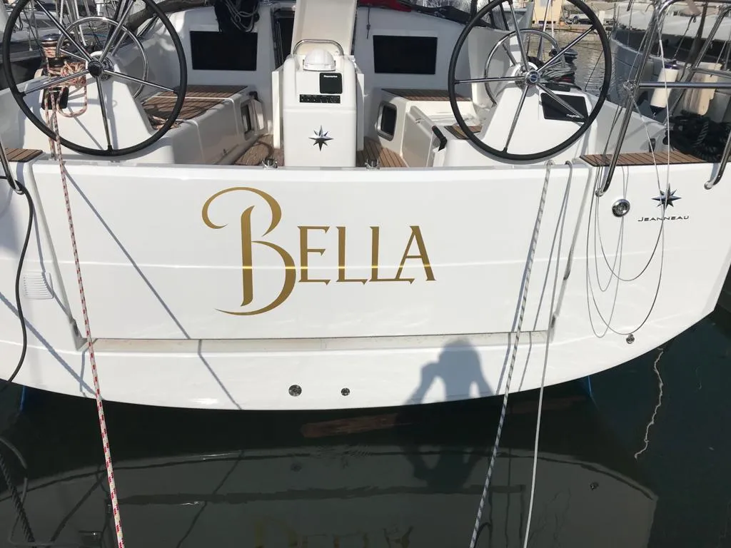 Exterior view of Bella, a Jeanneau Sun Odyssey 410 sailboat at Piombino, Italy