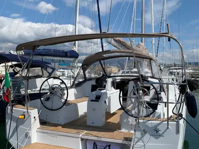 Cockpit of Bella, a Jeanneau Sun Odyssey 410 sailboat at Piombino, Italy