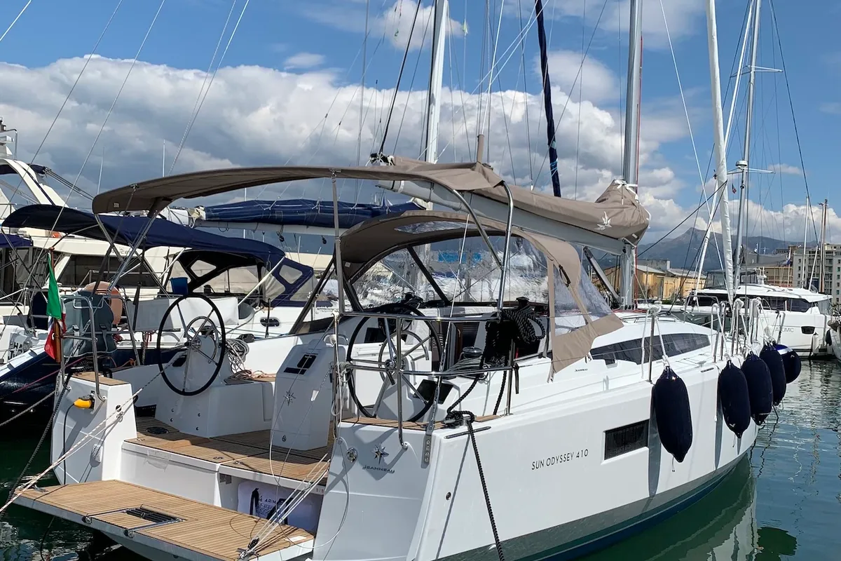Exterior view of Bella, a Jeanneau Sun Odyssey 410 sailboat at Piombino, Italy