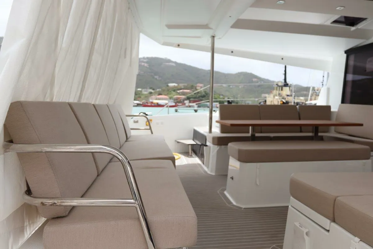 Deck of Idle Time, a Fountaine Pajot Astrea 42 catamaran at Road Town, British Virgin Islands